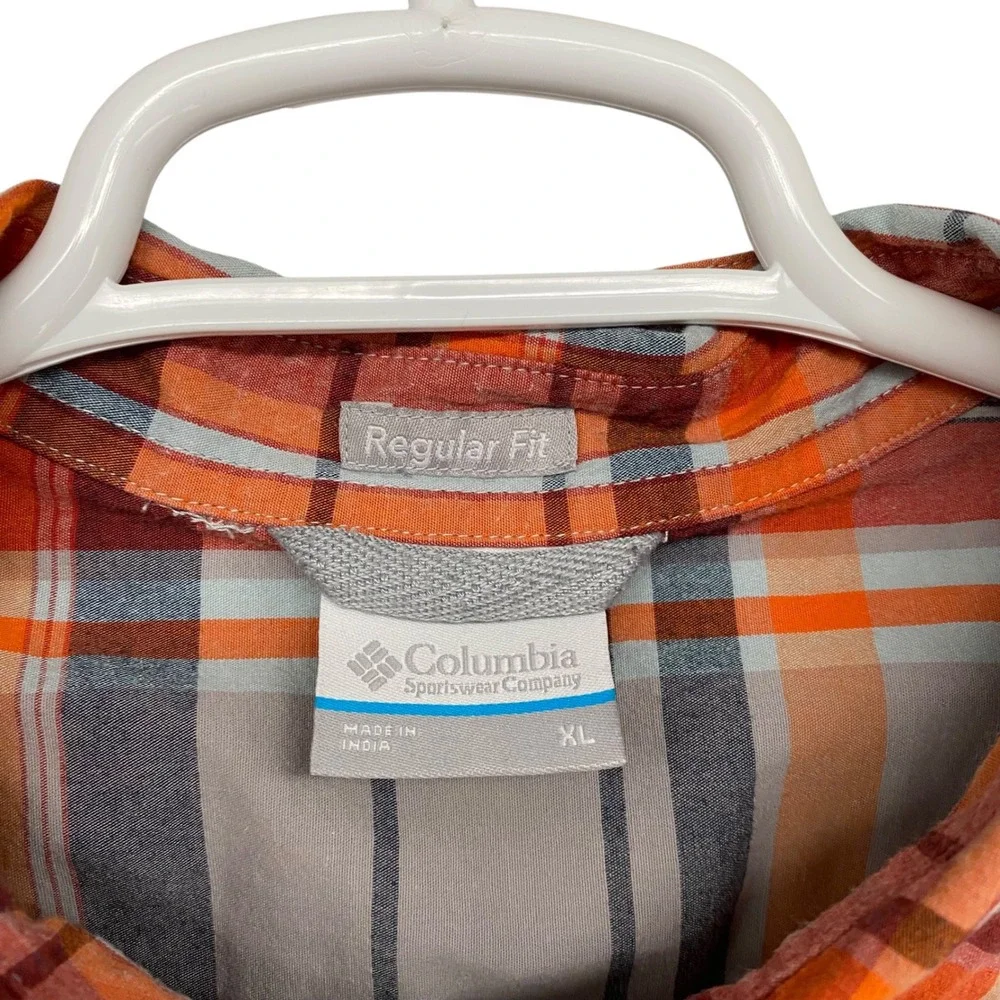 Columbia‎ Mens XL Regular Fit Short Sleeve Plaid Button Down Shirt Orange Grey